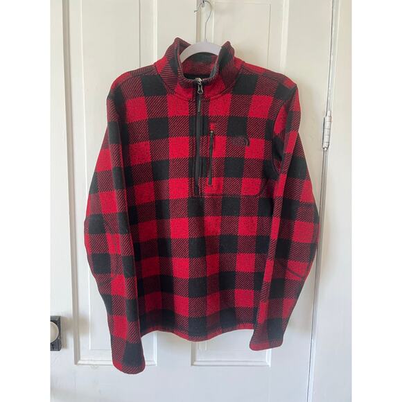 The north face men’s medium red and black plaid fleece tartan pullover 1/4 zip - Picture 1 of 8